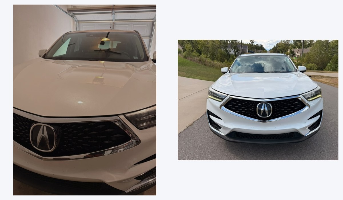 Side-by-side comparison of a bad vertical close-up photo and a good sideways full-car daylight photo